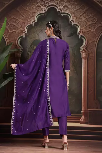 purple dori embroidery a-line kurta trouser dupatta set