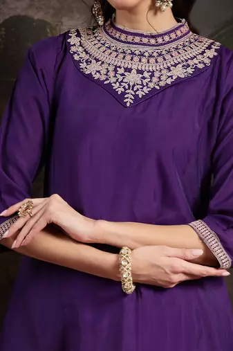purple dori embroidery a-line kurta trouser dupatta set