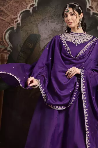 purple dori embroidery a-line kurta trouser dupatta set