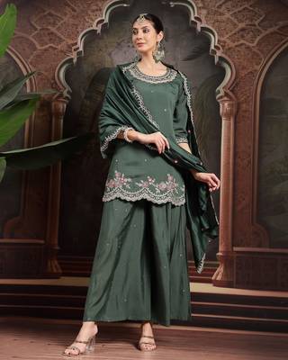 green silk blend embroidered straight kurta dupatta palazzo set 1