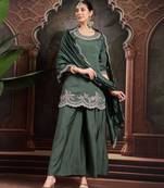 green silk blend embroidered straight kurta dupatta palazzo set