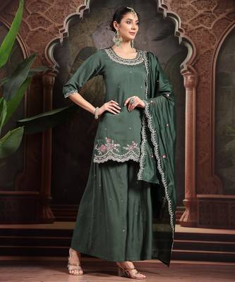 green silk blend embroidered straight kurta dupatta palazzo set 2
