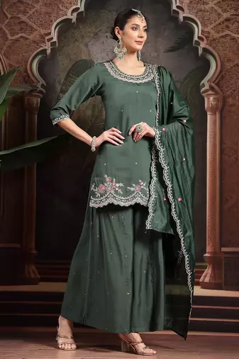 green silk blend embroidered straight kurta dupatta palazzo set