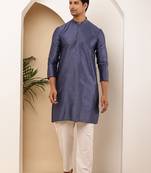 Men's slate blue viscose blend kurta with textured finish