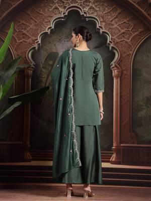 green silk blend embroidered straight kurta dupatta palazzo set 3