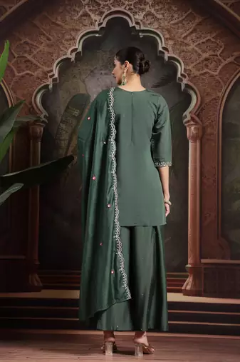 green silk blend embroidered straight kurta dupatta palazzo set