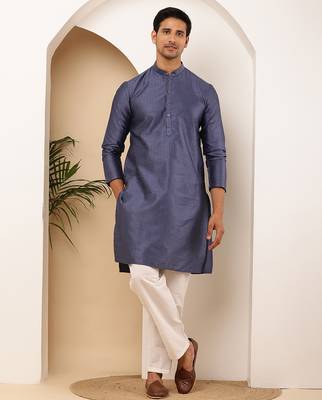 Men's slate blue viscose blend kurta with textured finish 2