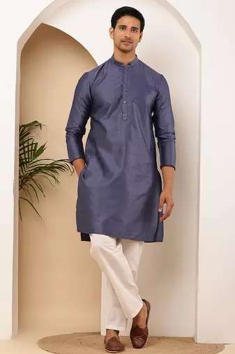 Men's slate blue viscose blend kurta with textured finish