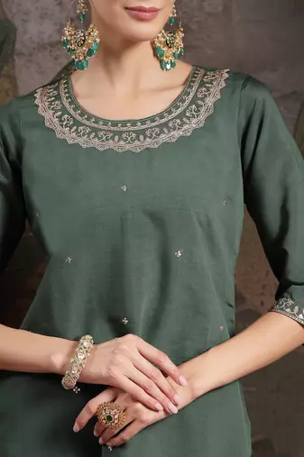 green silk blend embroidered straight kurta dupatta palazzo set