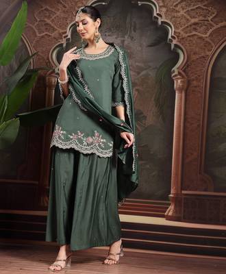 green silk blend embroidered straight kurta dupatta palazzo set 5