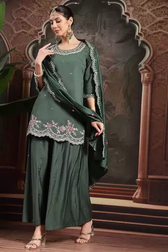 green silk blend embroidered straight kurta dupatta palazzo set