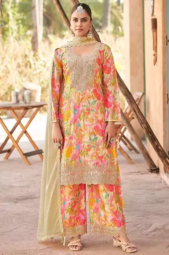Cream chinon embroidered palazzo suit