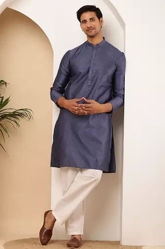 Men's slate blue viscose blend kurta with textured finish
