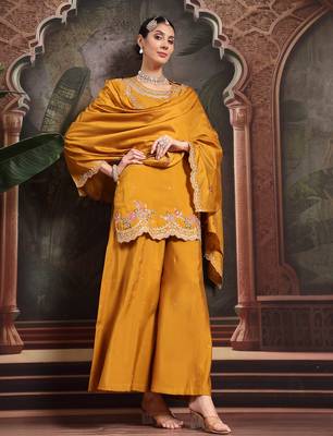 yellow silk blend embroidered straight kurta dupatta palazzo set 1