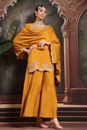 yellow silk blend embroidered straight kurta dupatta palazzo set