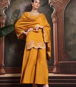 yellow silk blend embroidered straight kurta dupatta palazzo set