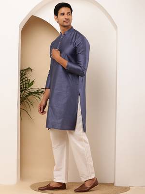 Men's slate blue viscose blend kurta with textured finish 4