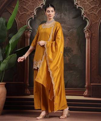 yellow silk blend embroidered straight kurta dupatta palazzo set 2