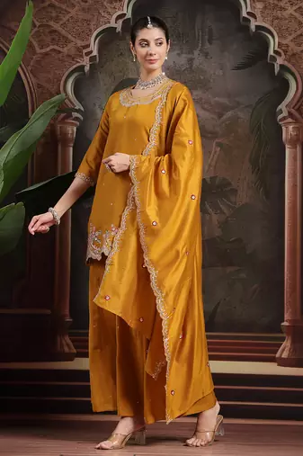 yellow silk blend embroidered straight kurta dupatta palazzo set