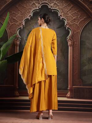 yellow silk blend embroidered straight kurta dupatta palazzo set 3