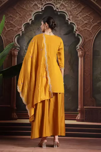 yellow silk blend embroidered straight kurta dupatta palazzo set