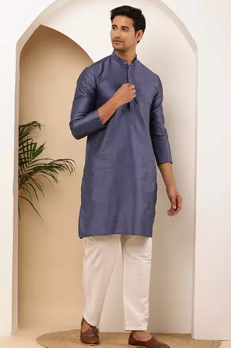 Men's slate blue viscose blend kurta with textured finish