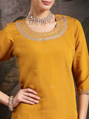 yellow silk blend embroidered straight kurta dupatta palazzo set 4