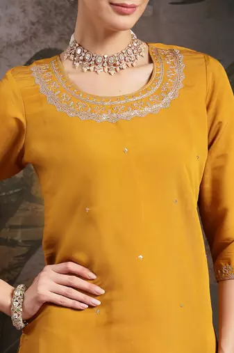 yellow silk blend embroidered straight kurta dupatta palazzo set