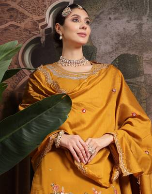 yellow silk blend embroidered straight kurta dupatta palazzo set 5