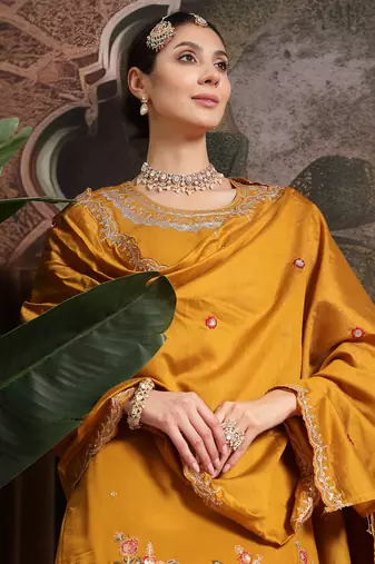 yellow silk blend embroidered straight kurta dupatta palazzo set
