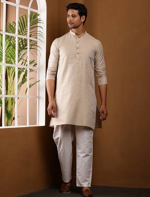 Men's cream beige viscose blend kurta with woven pattern 1