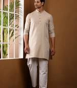 Men's cream beige viscose blend kurta with woven pattern
