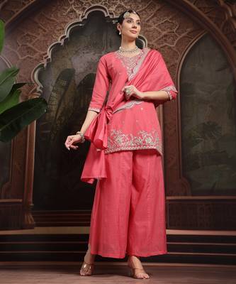 pink silk blend embroidered straight kurta dupatta palazzo set 1