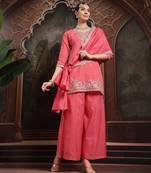 pink silk blend embroidered straight kurta dupatta palazzo set