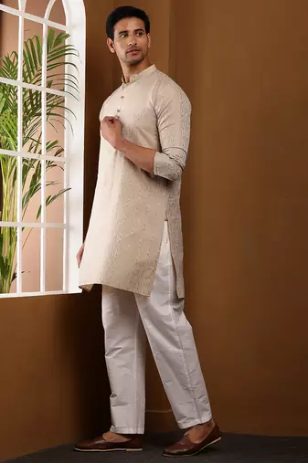 Men's cream beige viscose blend kurta with woven pattern