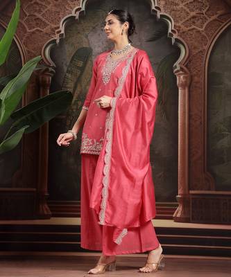pink silk blend embroidered straight kurta dupatta palazzo set 2
