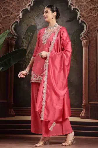 pink silk blend embroidered straight kurta dupatta palazzo set