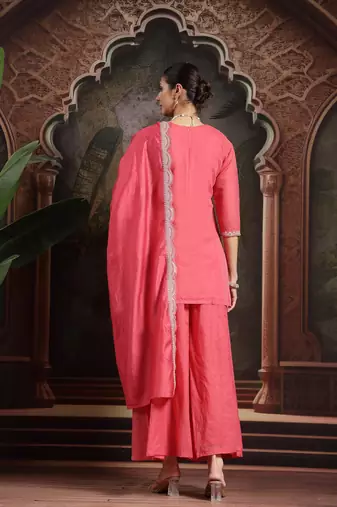 pink silk blend embroidered straight kurta dupatta palazzo set