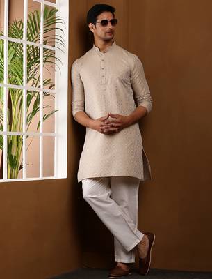 Men's cream beige viscose blend kurta with woven pattern 3