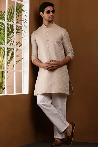 Men's cream beige viscose blend kurta with woven pattern