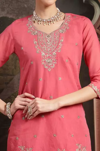 pink silk blend embroidered straight kurta dupatta palazzo set