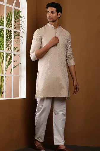 Men's cream beige viscose blend kurta with woven pattern