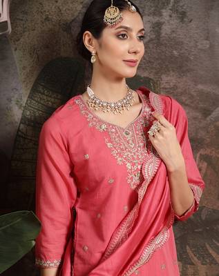 pink silk blend embroidered straight kurta dupatta palazzo set 5