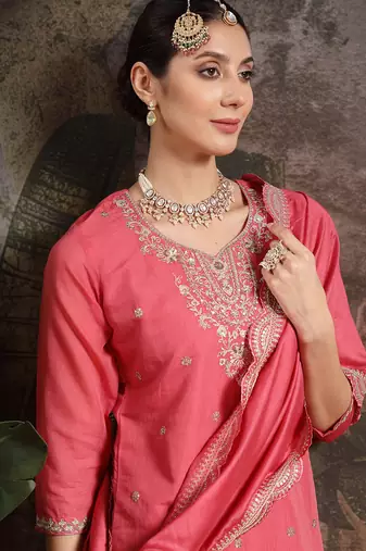 pink silk blend embroidered straight kurta dupatta palazzo set