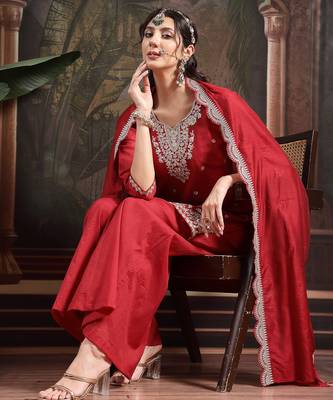 red silk blend embroidered straight kurta dupatta palazzo set 1