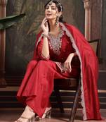 red silk blend embroidered straight kurta dupatta palazzo set