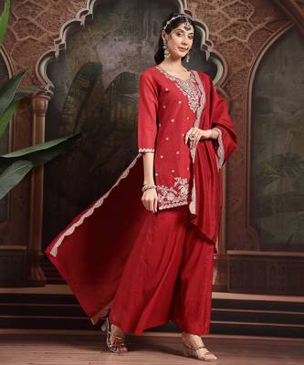 red silk blend embroidered straight kurta dupatta palazzo set 2