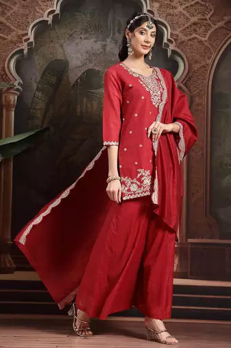 red silk blend embroidered straight kurta dupatta palazzo set