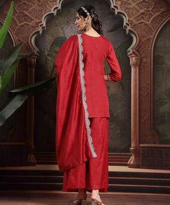 red silk blend embroidered straight kurta dupatta palazzo set 3