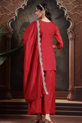 red silk blend embroidered straight kurta dupatta palazzo set